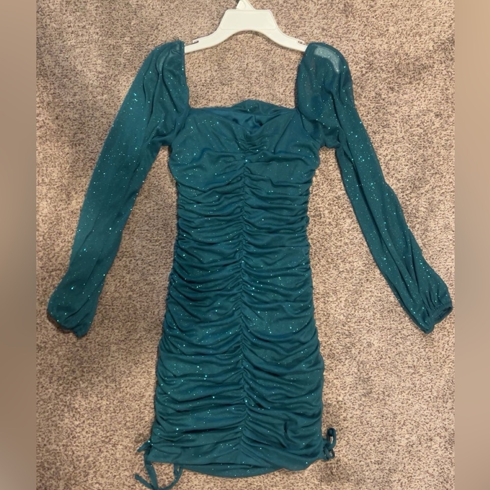 Teal Glitter long Sleeve Ruched Mini Dress medium - Picture 3 of 4